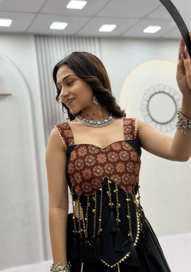Black Printed Cotton Lehenga Set for Diwali and Festive Wear - Indya