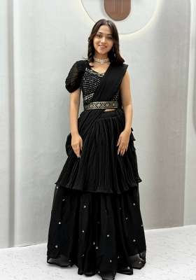 Black Mirror Work Georgette Lehenga Set for Diwali and Festive Wear
