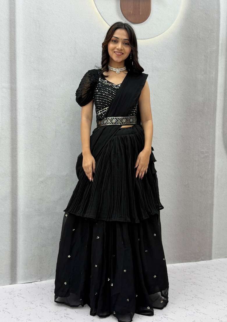 Black Mirror Work Georgette Lehenga Set for Diwali and Festive Wear - Indya