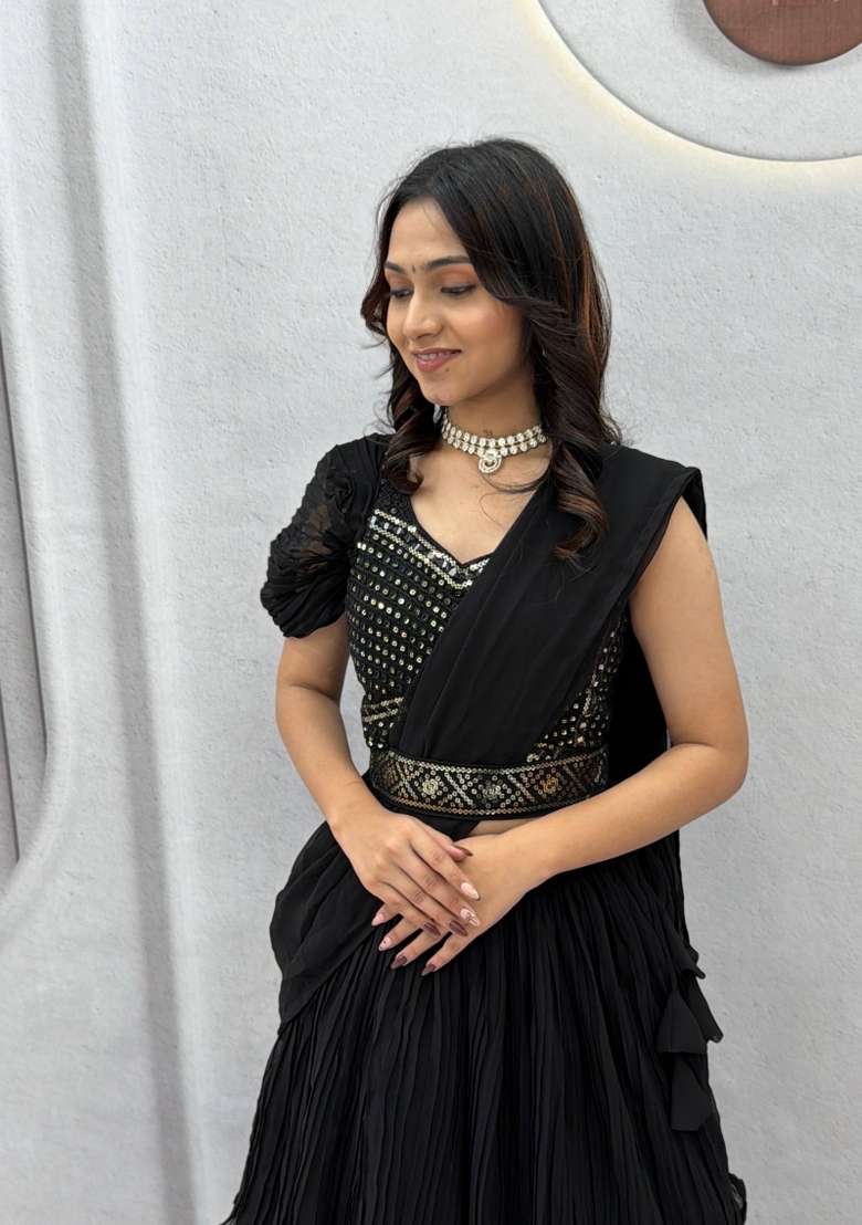 Black Mirror Work Georgette Lehenga Set for Diwali and Festive Wear - Indya