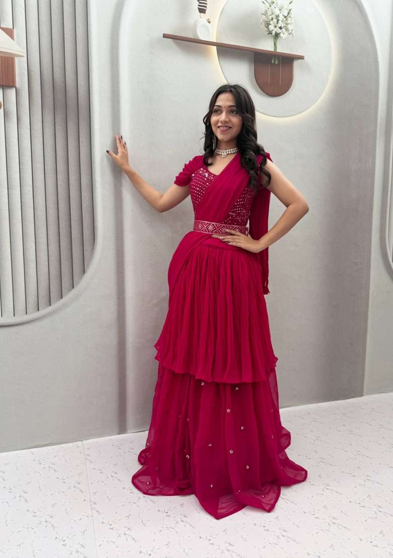 Pink Georgette Lehenga Set with Mirror Work for Diwali | Wedding & Festive Wear - Indya