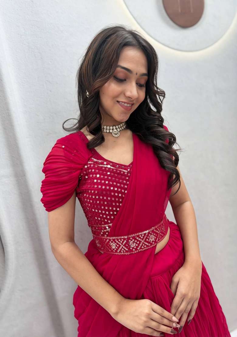 Pink Georgette Lehenga Set with Mirror Work for Diwali | Wedding & Festive Wear - Indya