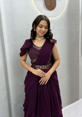 Wine Georgette Lehenga Set with Mirror Work for Diwali | Wedding & Festive Wear