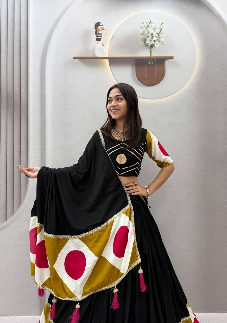 Black Cotton Lehenga Set with Printed for Diwali | Wedding & Festive Wear - Indya