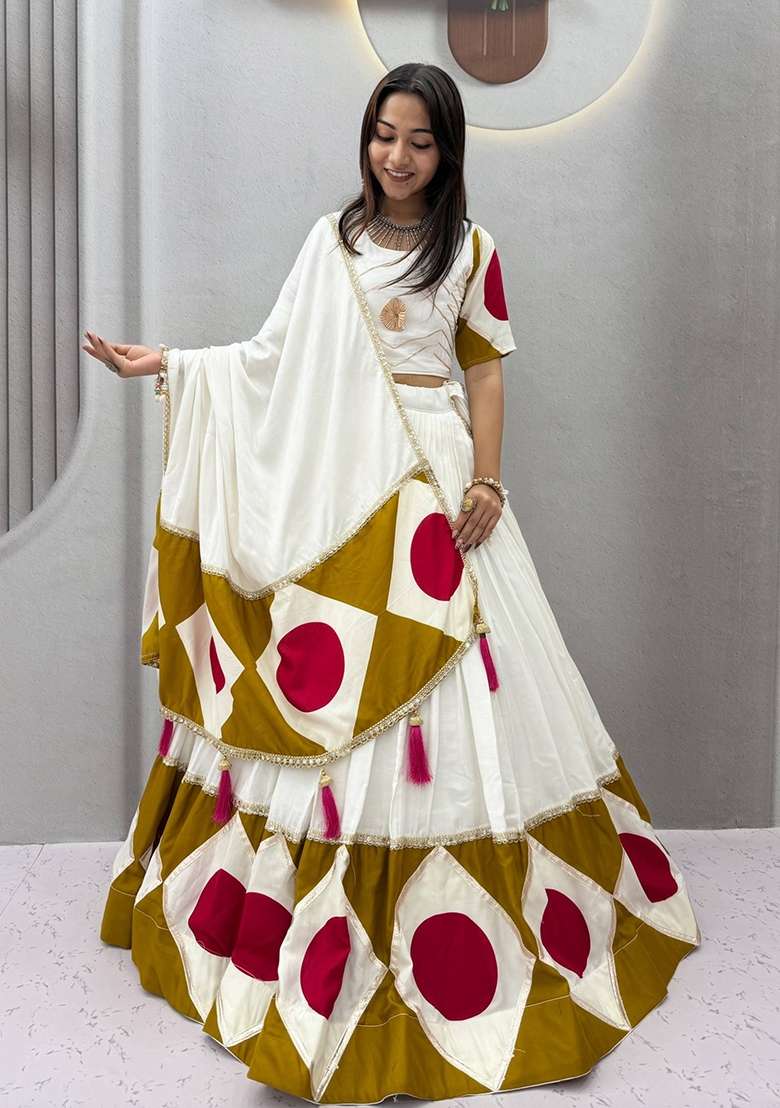 White Cotton Lehenga Set with Printed for Diwali | Wedding & Festive Wear - Indya