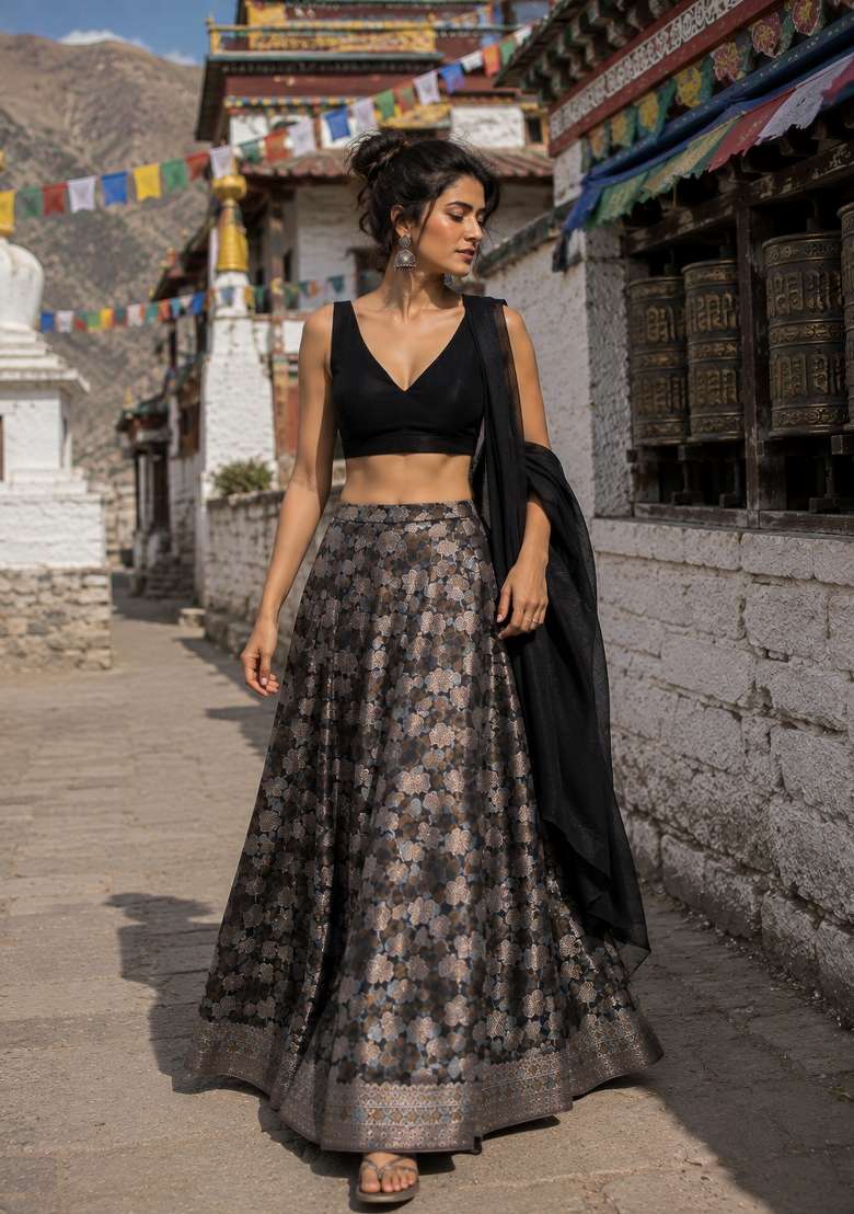 Black Weaving Work Silk Lehenga Set for Diwali | Wedding & Festive Wear - Indya