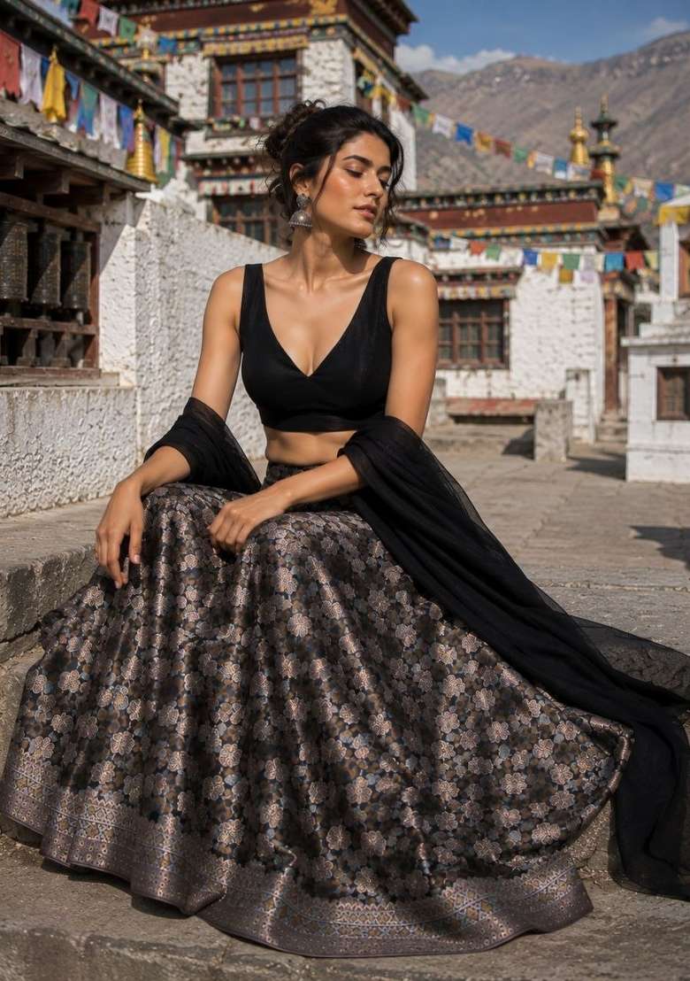 Black Weaving Work Silk Lehenga Set for Diwali | Wedding & Festive Wear - Indya