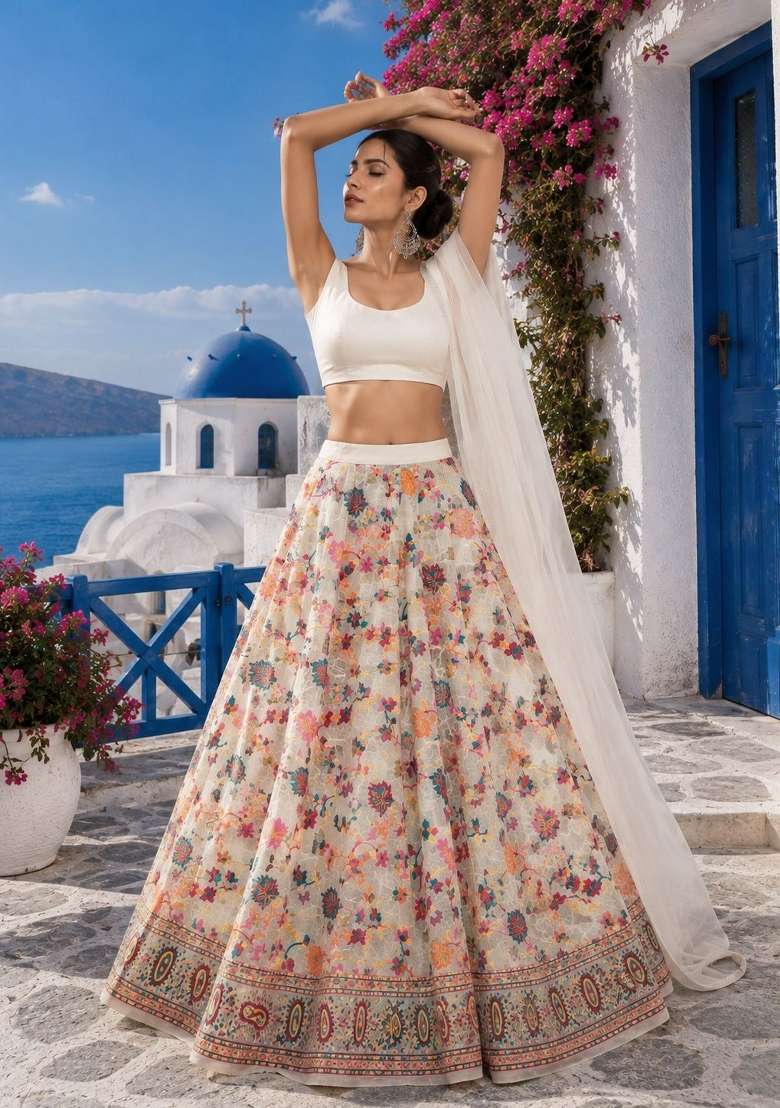White Weaving Work Silk Lehenga Set for Diwali and Festive Wear - Indya