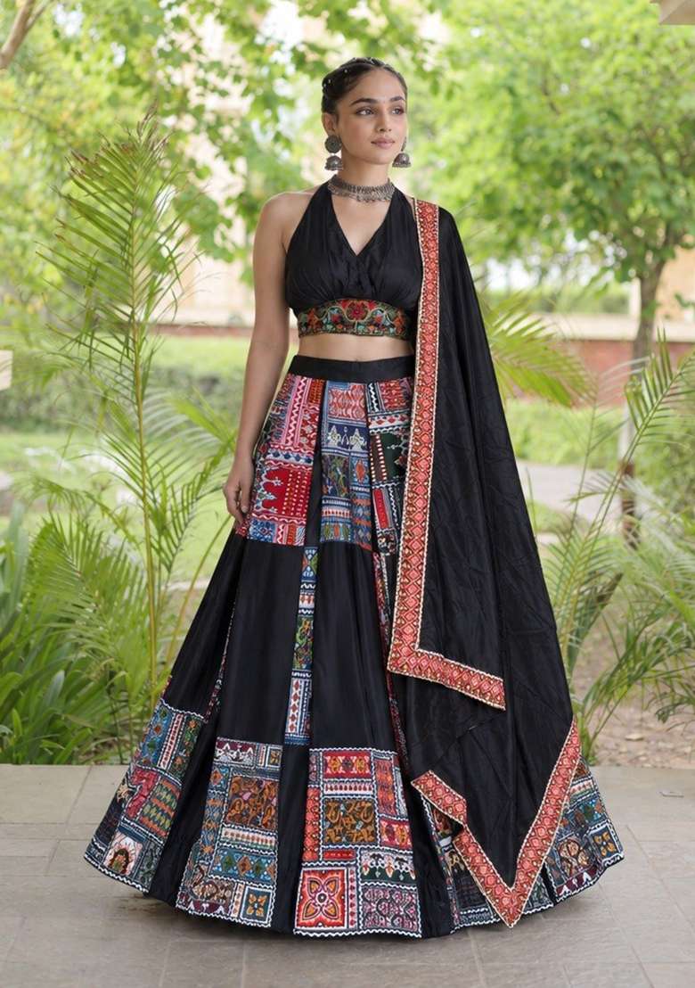 Black Crepe Lehenga Set with Printed for Diwali | Wedding & Festive Wear - Indya