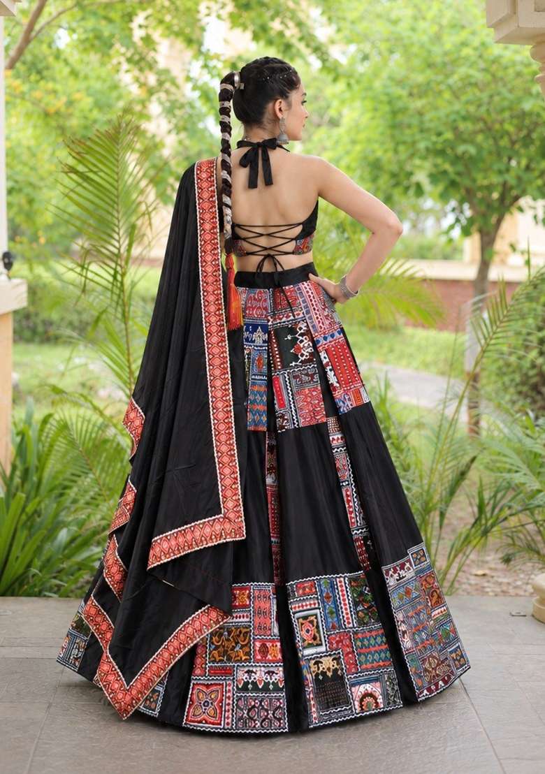 Black Crepe Lehenga Set with Printed for Diwali | Wedding & Festive Wear - Indya