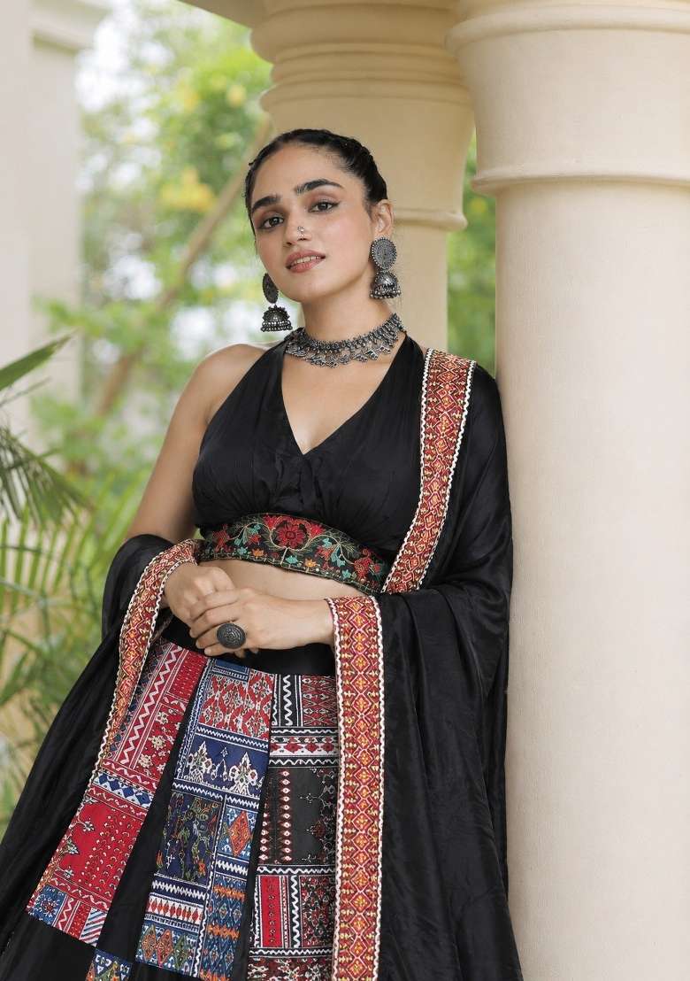 Black Crepe Lehenga Set with Printed for Diwali | Wedding & Festive Wear - Indya