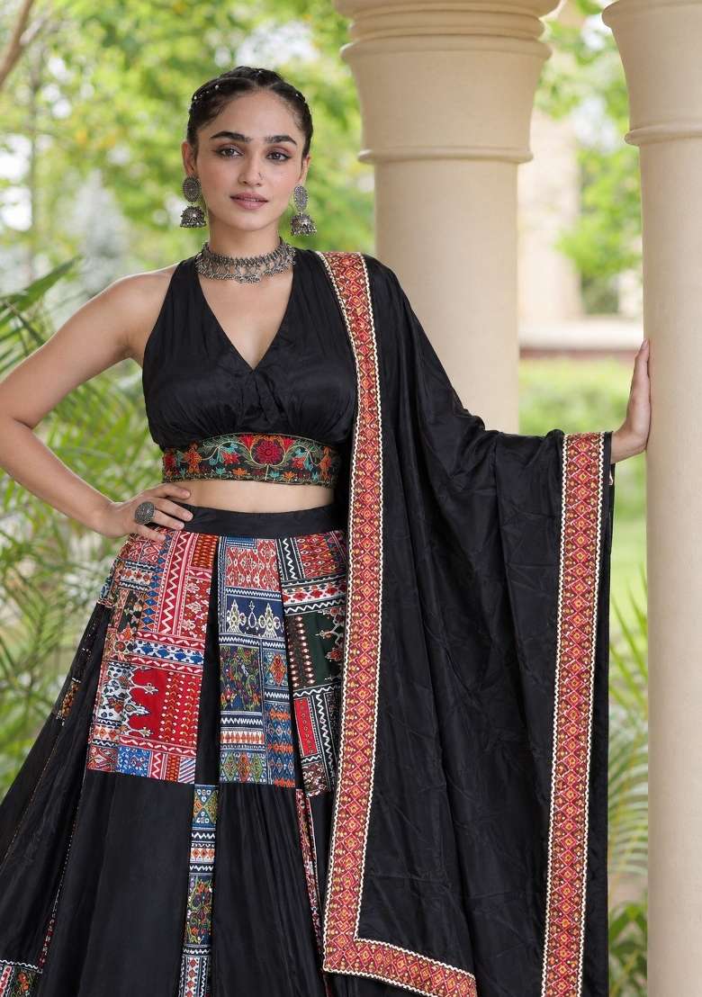 Black Crepe Lehenga Set with Printed for Diwali | Wedding & Festive Wear - Indya