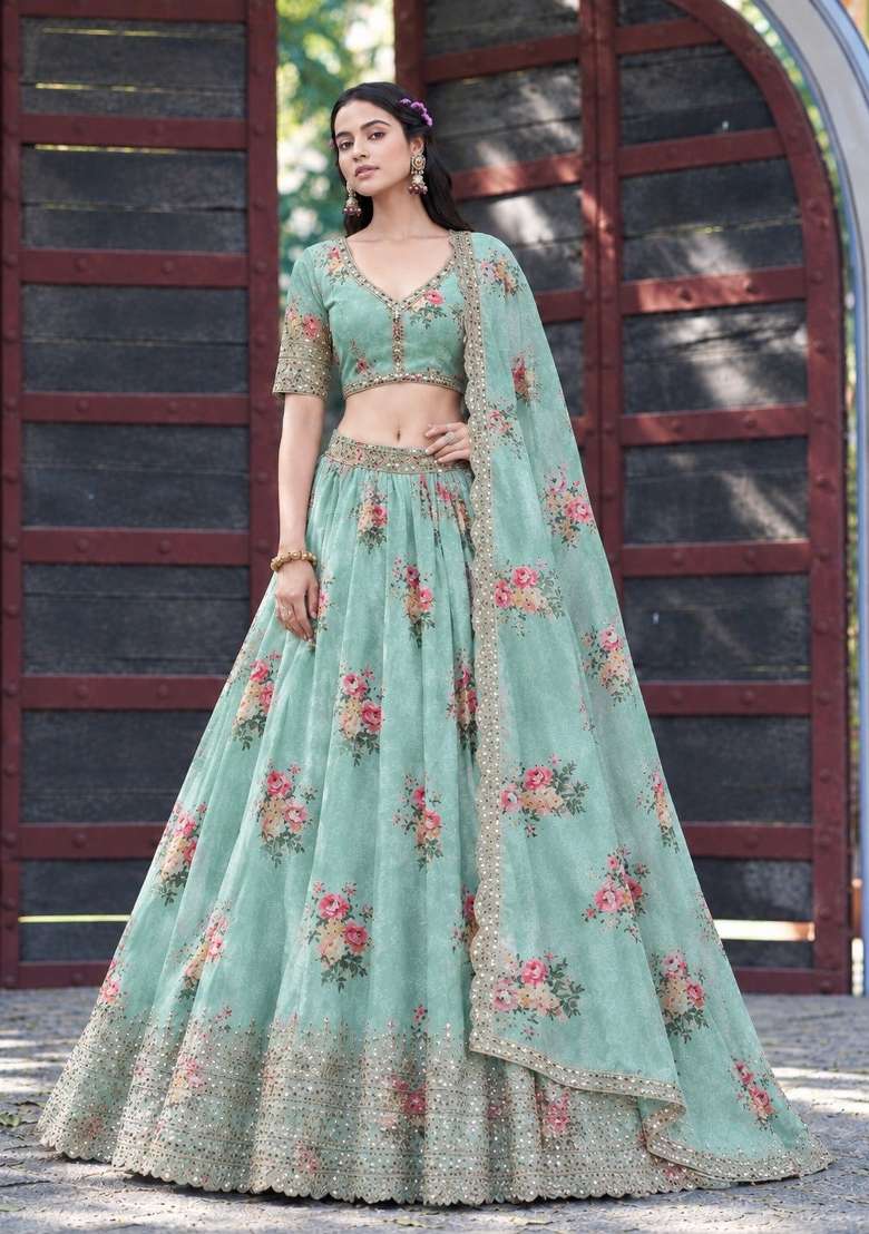Teal Sequin Work Georgette Lehenga Set for Diwali and Festive Wear - Indya