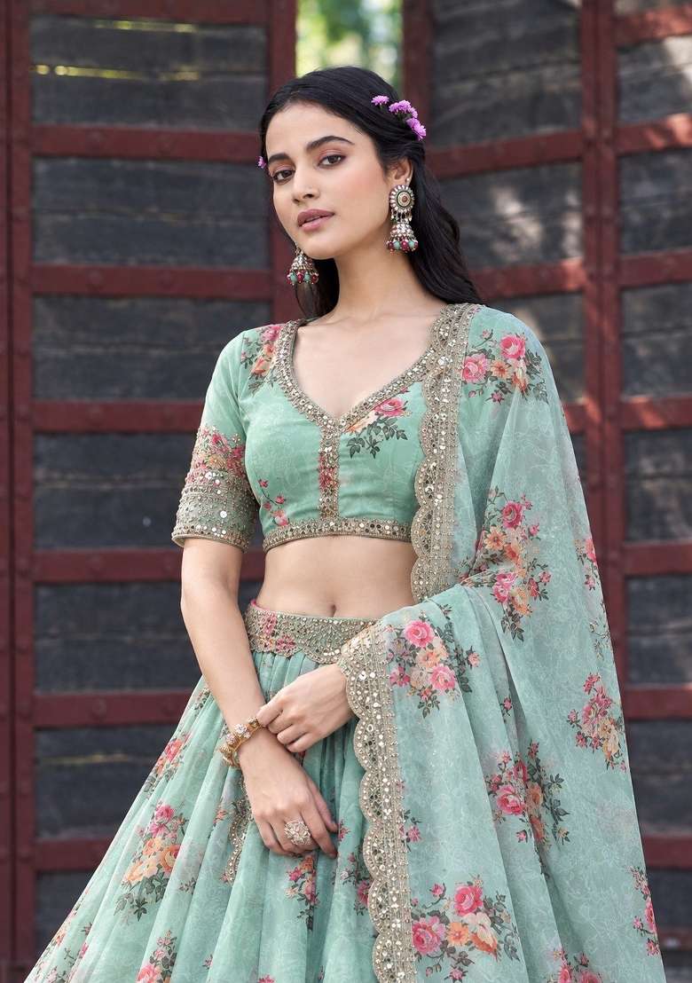 Teal Sequin Work Georgette Lehenga Set for Diwali and Festive Wear - Indya