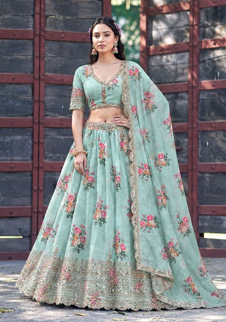 Teal Sequin Work Georgette Lehenga Set for Diwali and Festive Wear - Indya
