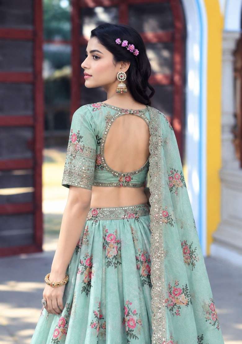 Teal Sequin Work Georgette Lehenga Set for Diwali and Festive Wear - Indya