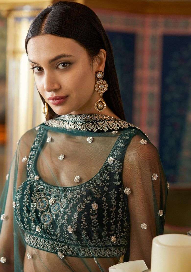 Green Sequin Work Georgette Lehenga Set for Diwali and Festive Wear - Indya