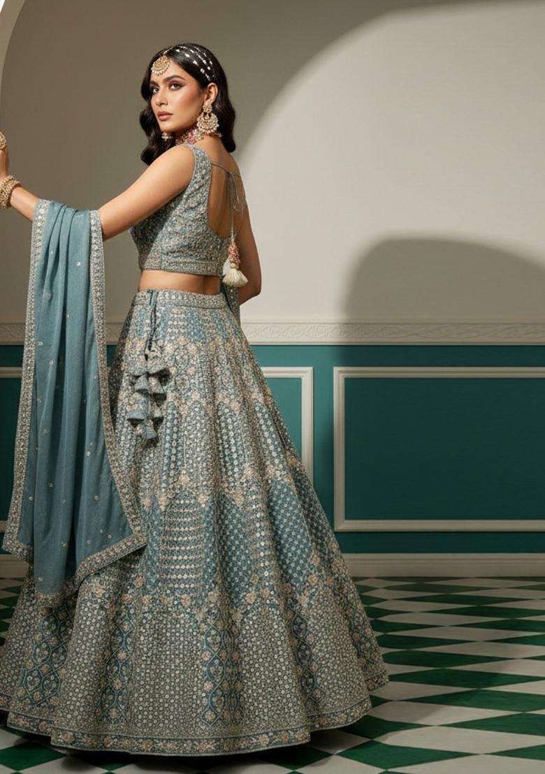 Black Work Georgette Lehenga Set with Sequin for Diwali | Wedding & Festive Wear - Indya