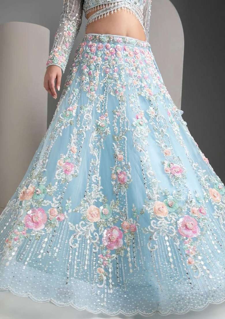 Sky Blue Work Silk Lehenga Set with Sequin for Diwali | Wedding & Festive Wear - Indya