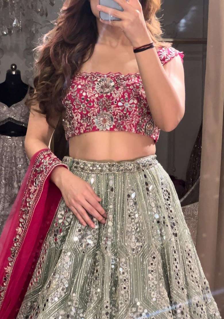 Multicolor Georgette Lehenga Set with Embroidery for Diwali | Wedding & Festive Wear - Indya