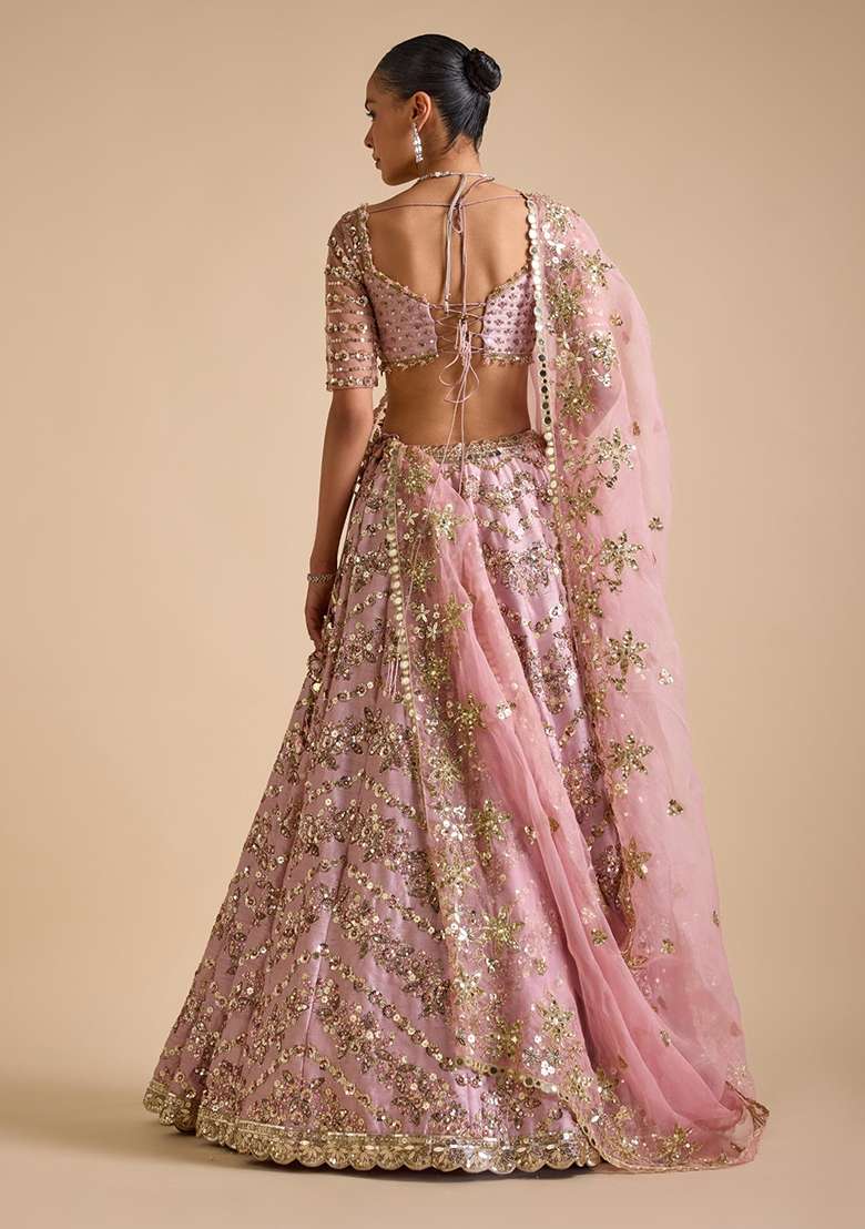 Pink Work Silk Lehenga Set with Sequin for Diwali | Wedding & Festive Wear - Indya