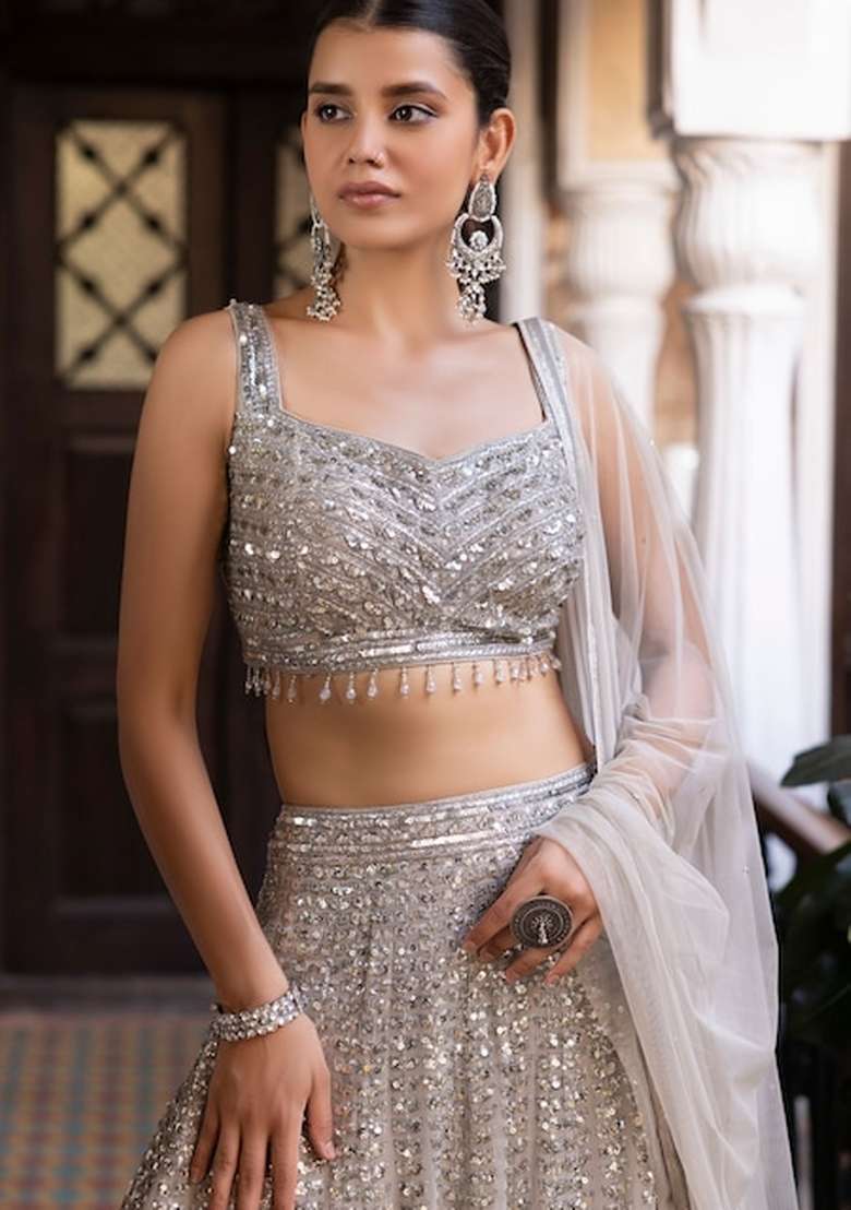 Grey Embroidery Silk Lehenga Set for Diwali and Festive Wear - Indya