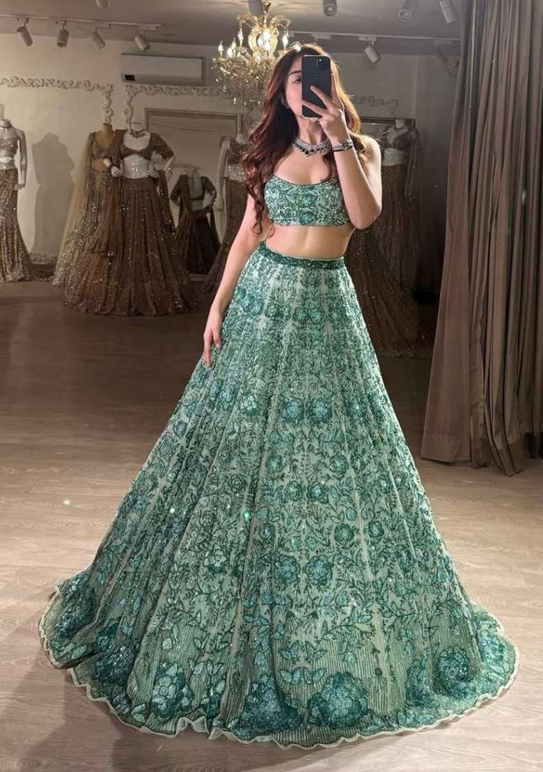 Green Embroidery Georgette Lehenga Set for Diwali and Festive Wear - Indya