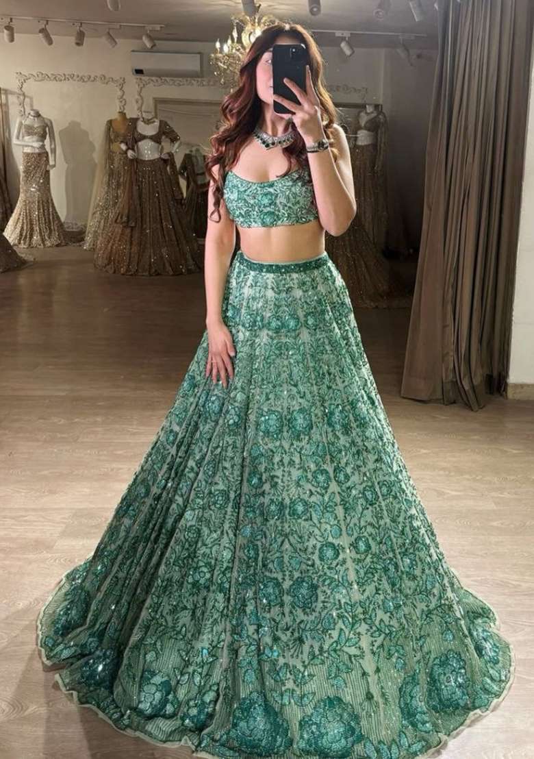 Green Embroidery Georgette Lehenga Set for Diwali and Festive Wear - Indya
