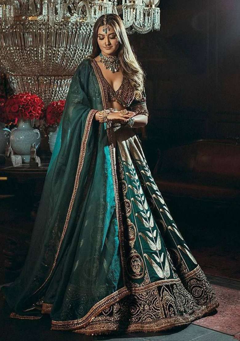 Green Work Mulmul Lehenga Set with Sequin for Diwali | Wedding & Festive Wear - Indya