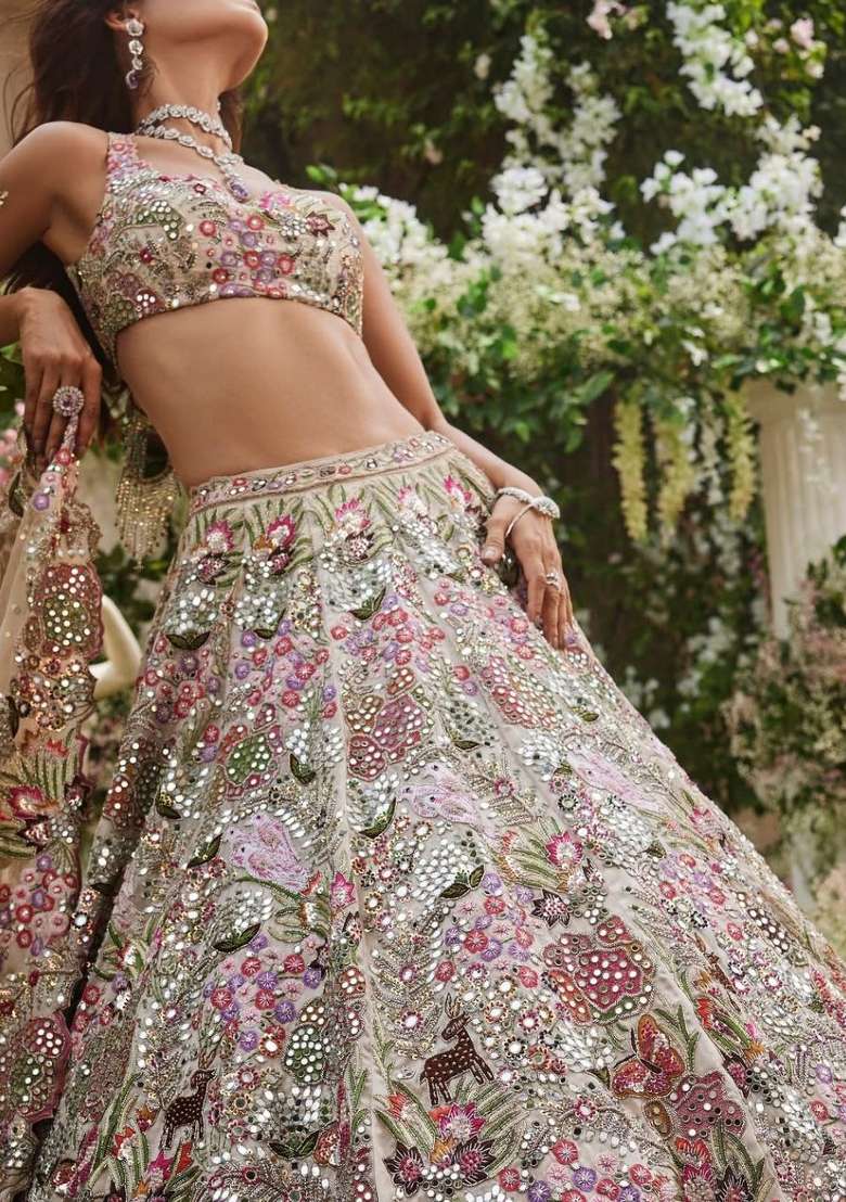 White Embroidery Georgette Lehenga Set for Diwali and Festive Wear - Indya