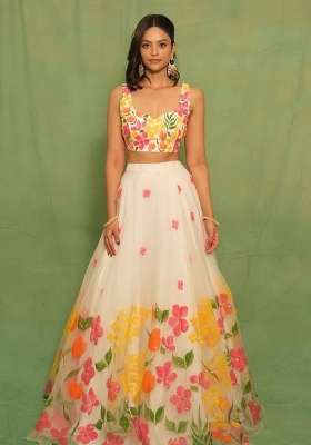 Cream Printed Silk Lehenga Set for Diwali and Festive Wear