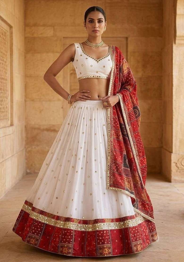 White Embroidery Georgette Lehenga Set for Diwali and Festive Wear - Indya