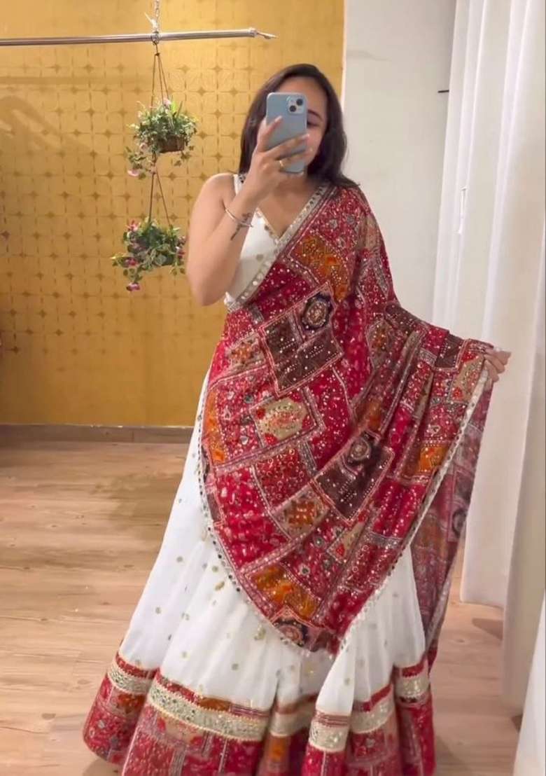 White Embroidery Georgette Lehenga Set for Diwali and Festive Wear - Indya
