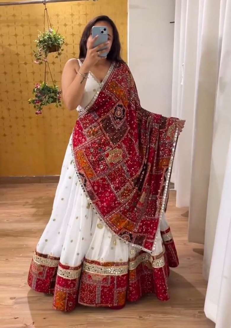 White Embroidery Georgette Lehenga Set for Diwali and Festive Wear - Indya