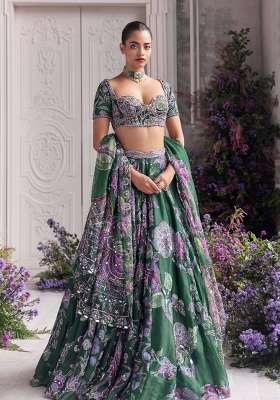 Green Sequin Work Silk Lehenga Set for Diwali and Festive Wear