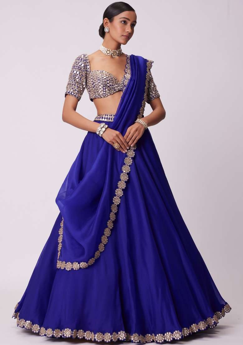 Royal Blue Embroidery Georgette Lehenga Set for Diwali and Festive Wear - Indya