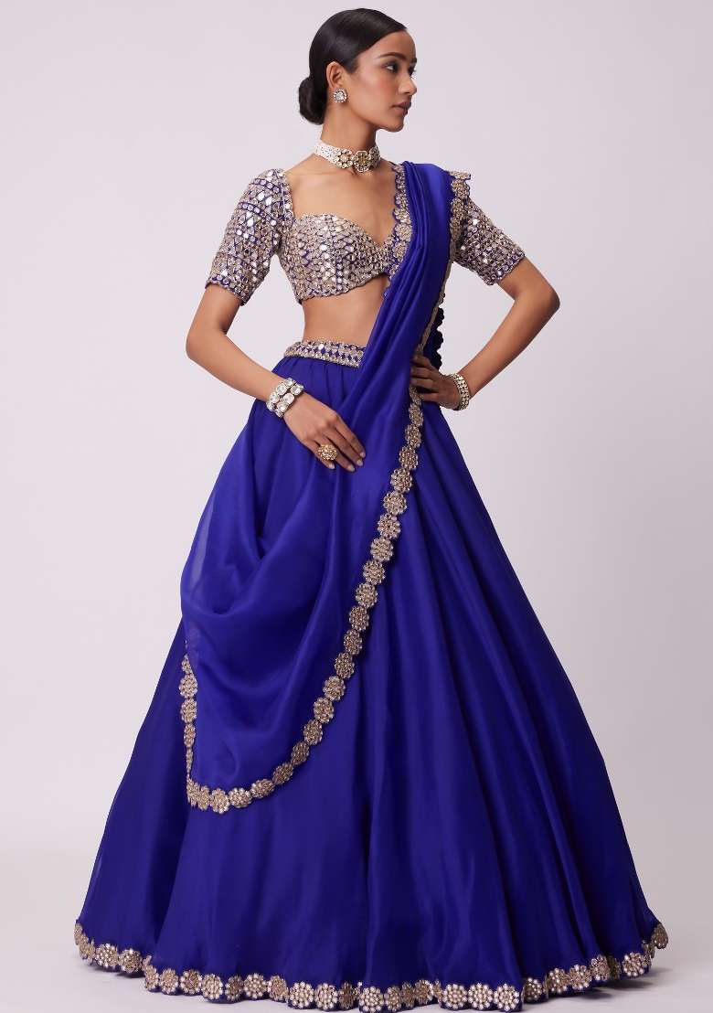 Royal Blue Embroidery Georgette Lehenga Set for Diwali and Festive Wear - Indya