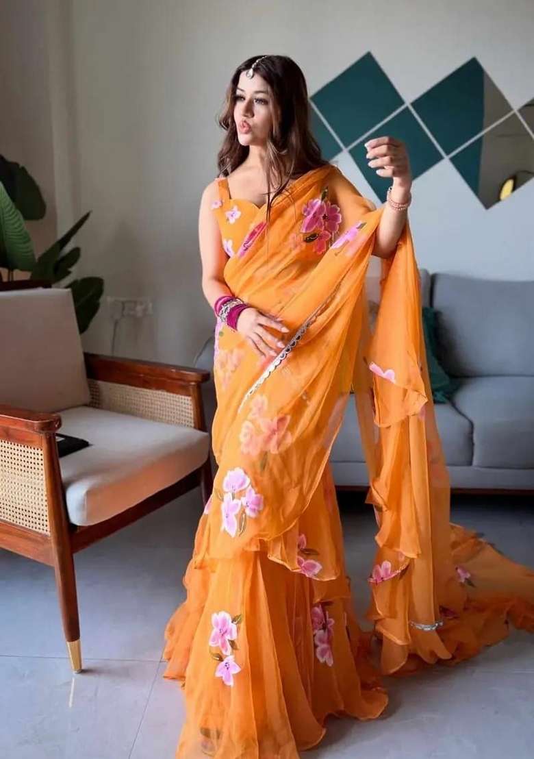 Orange Georgette Lehenga Set with Printed for Diwali | Wedding & Festive Wear - Indya