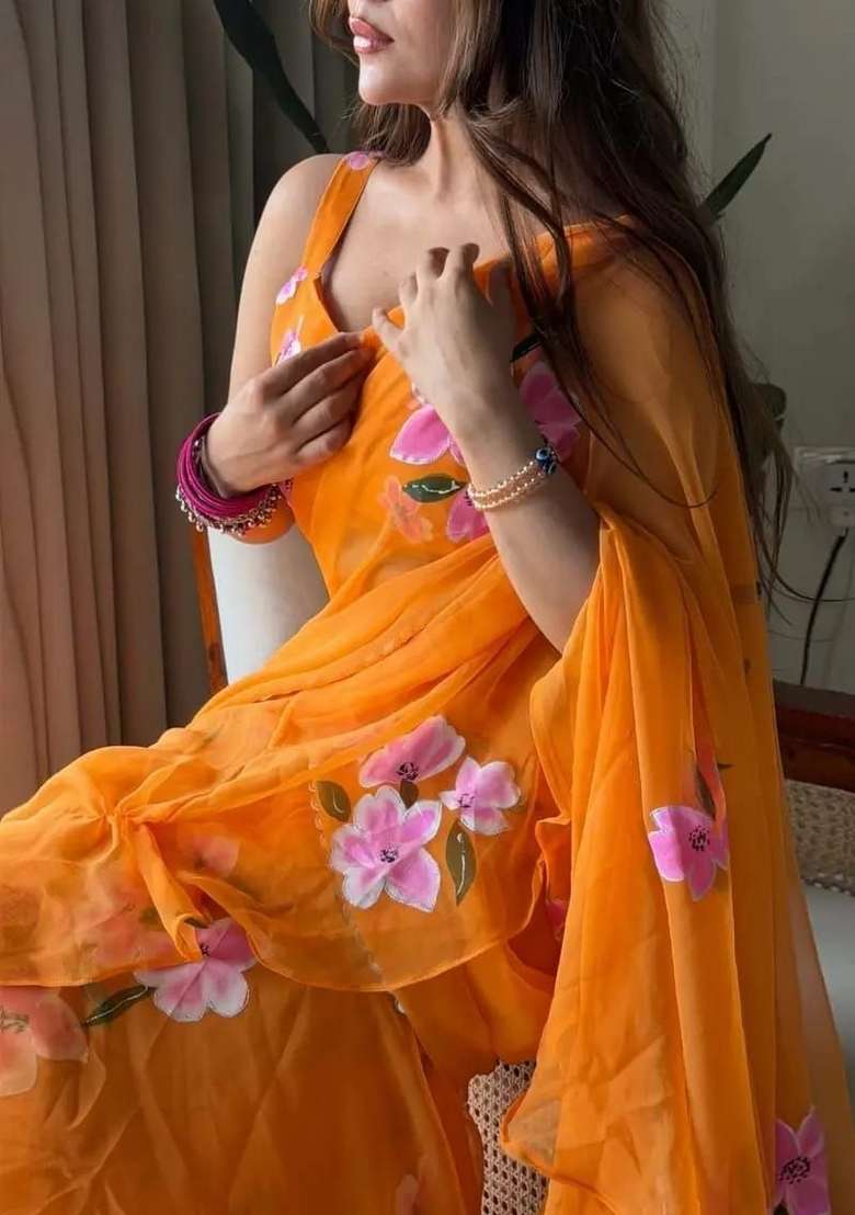 Orange Georgette Lehenga Set with Printed for Diwali | Wedding & Festive Wear - Indya