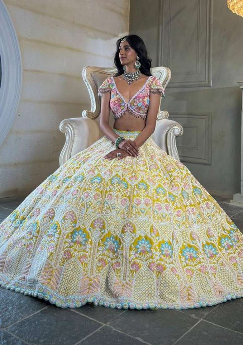 Yellow Work Silk Lehenga Set with Sequin for Diwali | Wedding & Festive Wear - Indya