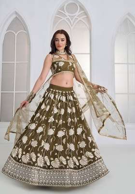 Mehendi Green Thread Work Net Lehenga Set for Diwali and Festive Wear