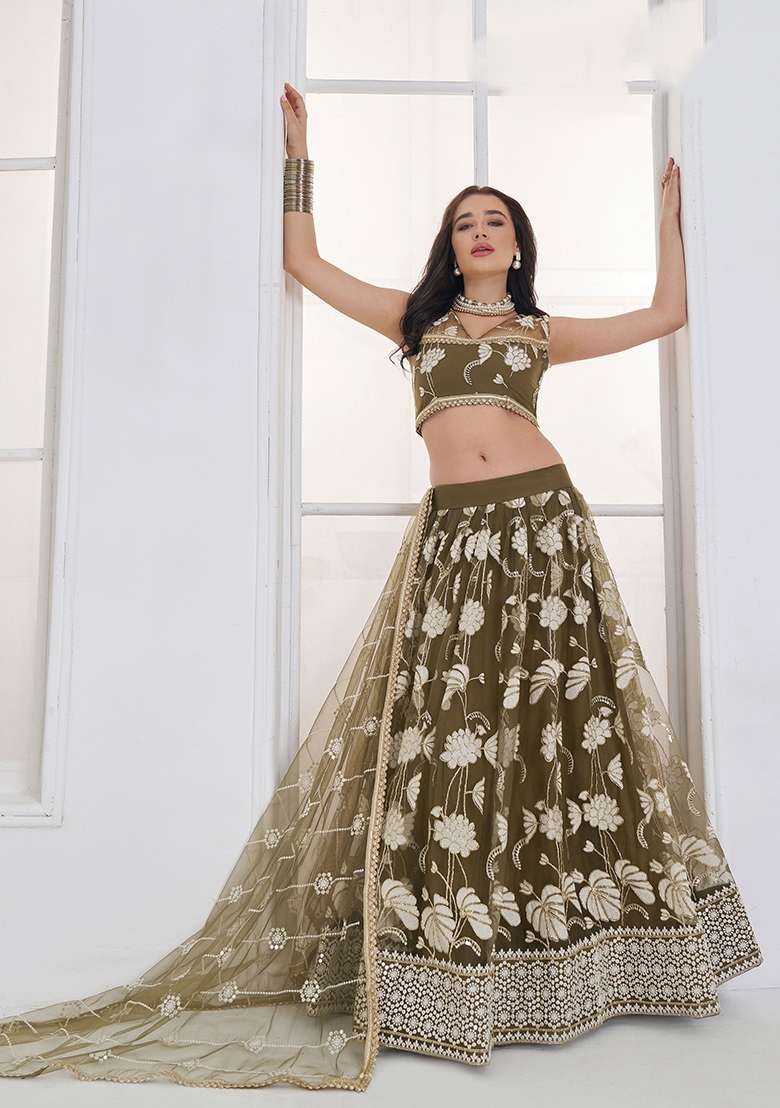 Mehendi Green Thread Work Net Lehenga Set for Diwali and Festive Wear - Indya