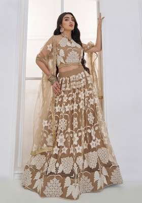 Chiku Thread Work Net Lehenga Set for Diwali and Festive Wear