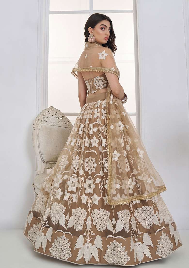 Chiku Thread Work Net Lehenga Set for Diwali and Festive Wear - Indya
