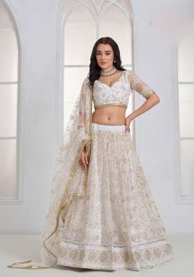 Off White Net Lehenga Set with Thread Work for Diwali | Wedding & Festive Wear