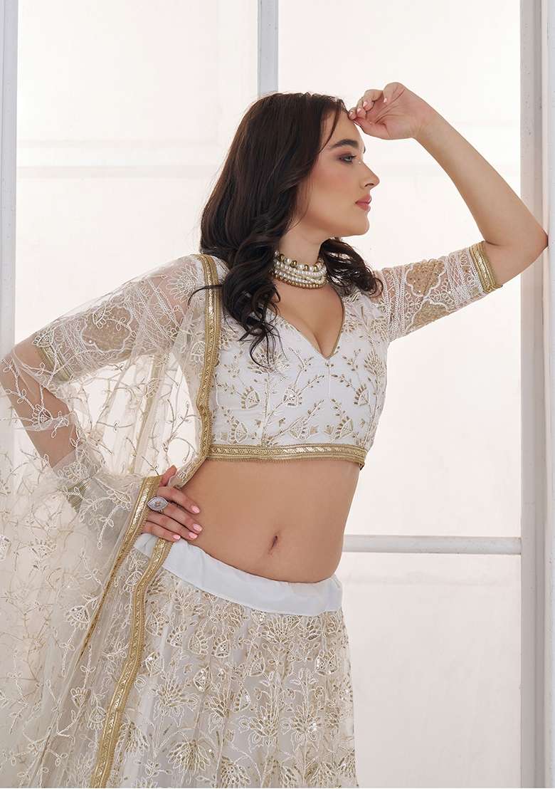Off White Net Lehenga Set with Thread Work for Diwali | Wedding & Festive Wear - Indya