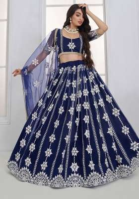 Navy Blue Net Lehenga Set with Thread Work for Diwali | Wedding & Festive Wear