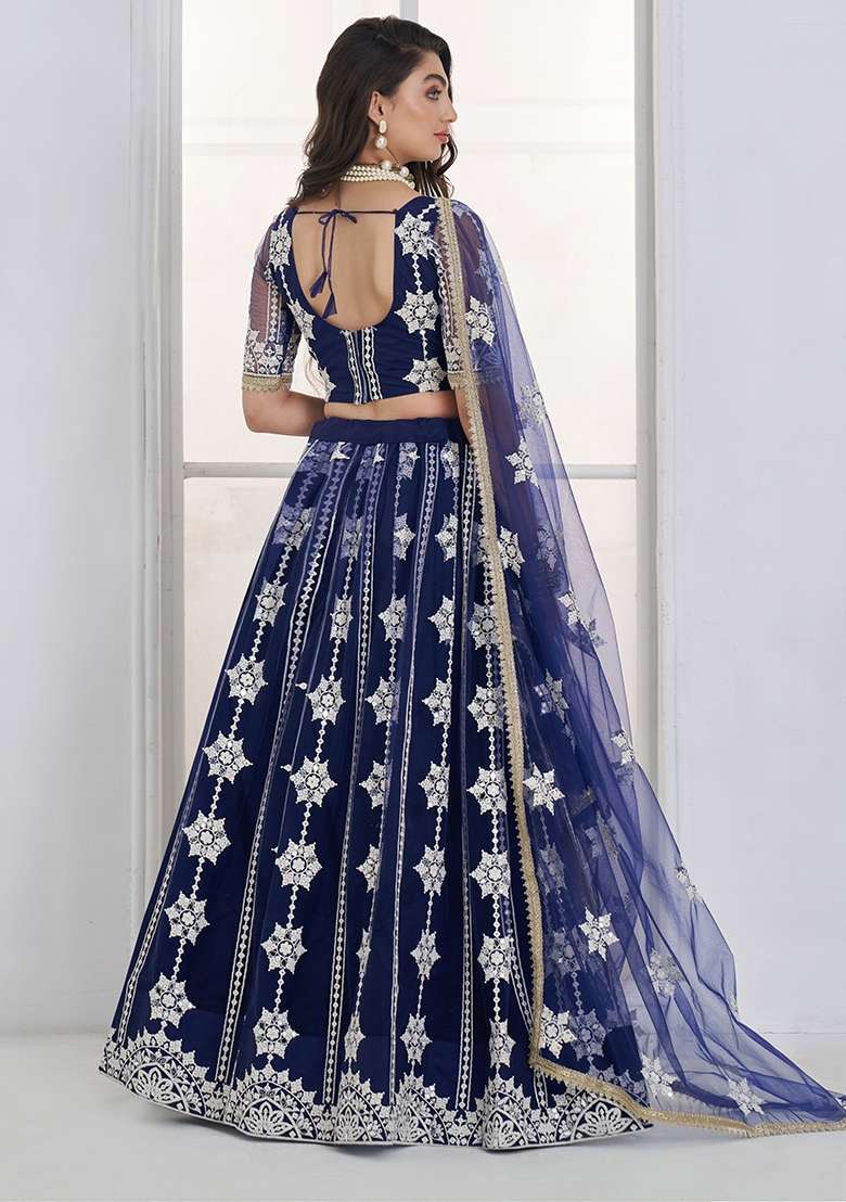 Navy Blue Net Lehenga Set with Thread Work for Diwali | Wedding & Festive Wear - Indya