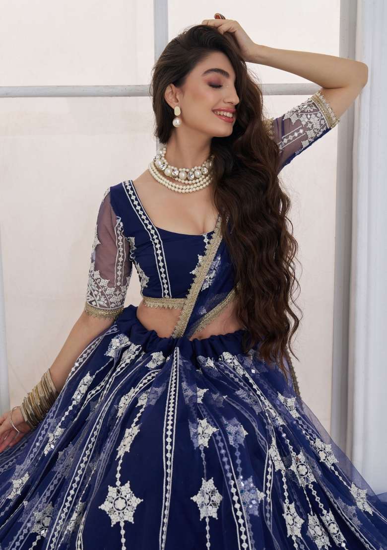 Navy Blue Net Lehenga Set with Thread Work for Diwali | Wedding & Festive Wear - Indya