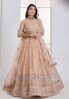 Peach Thread Work Net Lehenga Set for Diwali and Festive Wear
